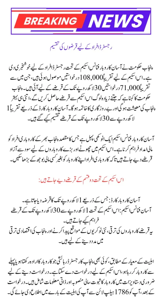 Asaan Karobar Finance Scheme: Loan Distribute for Registration Person